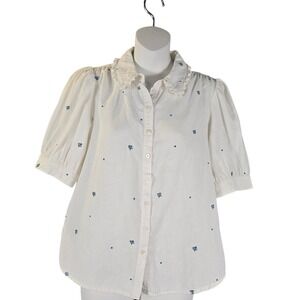 Sezane Linen Cotton Floral Embroidered Ruffle Collar Puff Sleeve Blouse Size 34